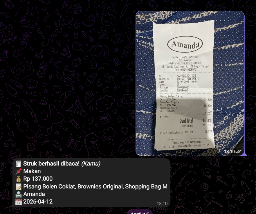 Telegram bot reading a receipt photo and replying with parsed expense details