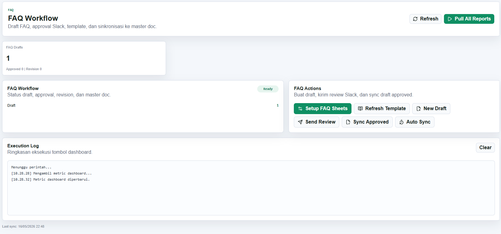 FAQ workflow screen with FAQ Drafts metric, workflow status, FAQ actions, and execution log.
