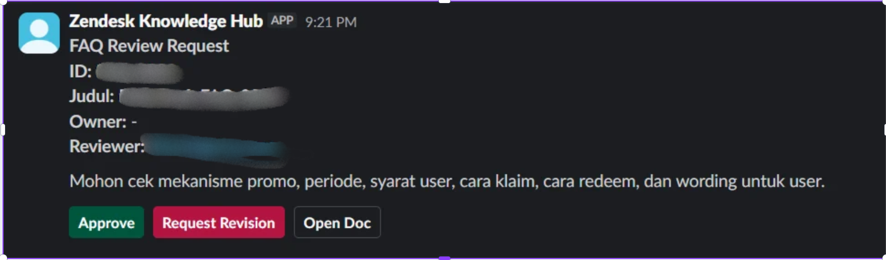 Slack FAQ Review Request message with Approve, Request Revision, and Open Doc buttons.