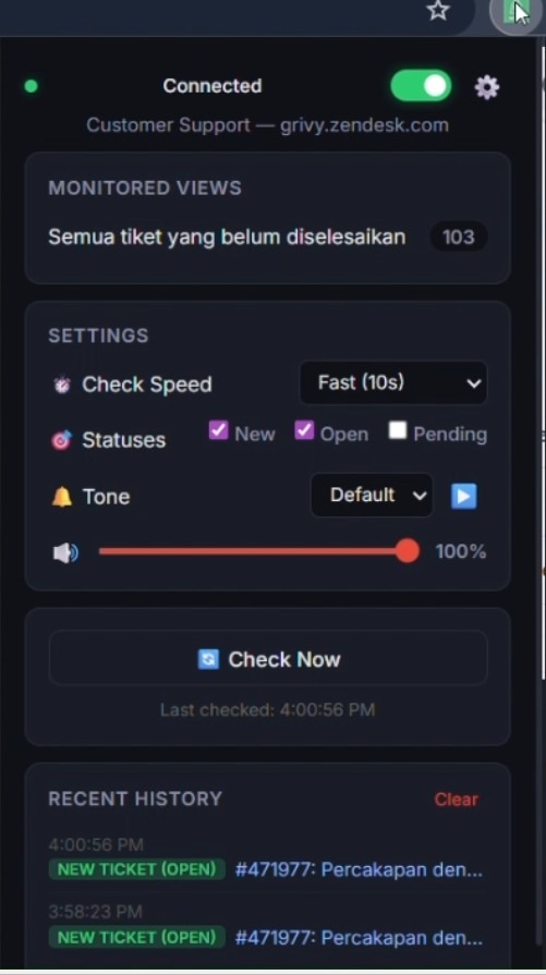 ZenNotif dashboard showing monitored views, settings, and notification history